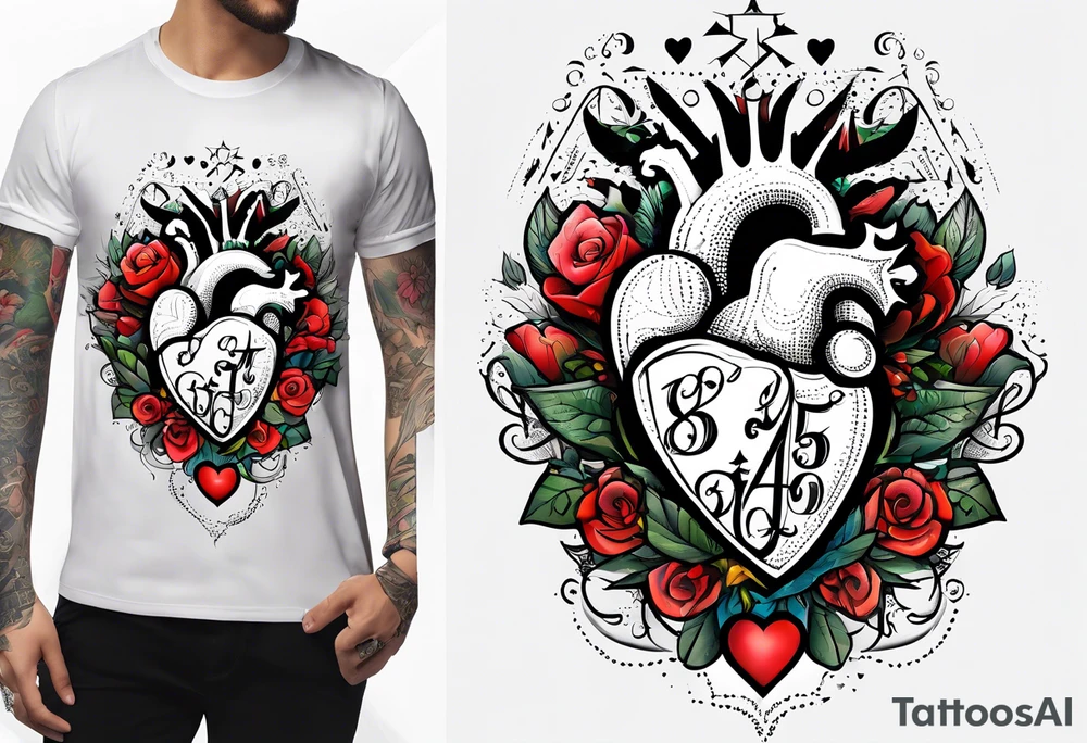 Heart with words Never Say Never and numbers 8 and 5 tattoo idea