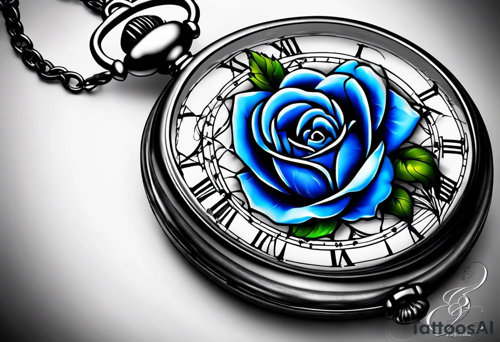 Pocket watch with blue roses tattoo idea