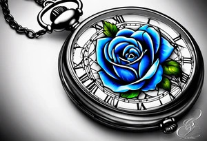 Pocket watch with blue roses tattoo idea