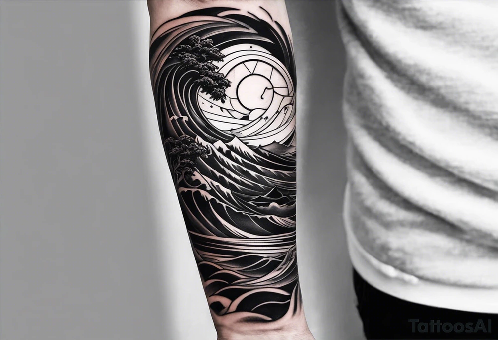 From left shoulder to forearm sleeve tattoo. Fine line geometric, concept design tattoo, ocean thunder fire nature, viking tattoo idea