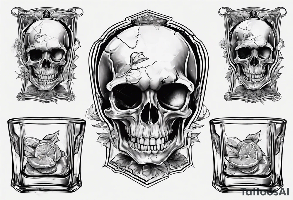 A smiling looking to the left scull inside the glass with alcohol and piece of lime tattoo idea