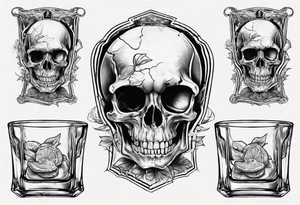 A smiling looking to the left scull inside the glass with alcohol and piece of lime tattoo idea