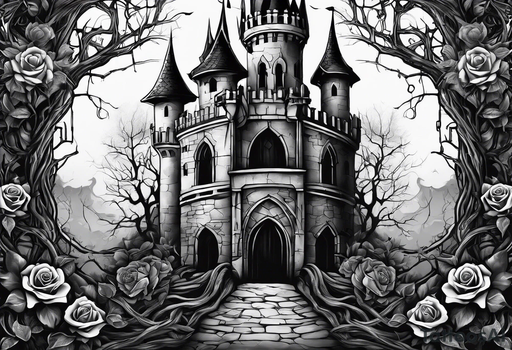 tattoo fool sleeve, dark gothic castle, tree roots break out of the chains, broken mask, roses tattoo idea