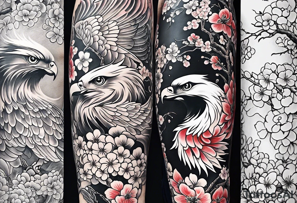 traditional horimono tattoo. 
leg sleeve with the following elements: hawk and cherry blossoms tattoo idea