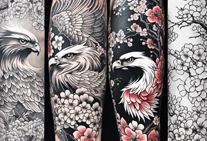 traditional horimono tattoo. 
leg sleeve with the following elements: hawk and cherry blossoms tattoo idea