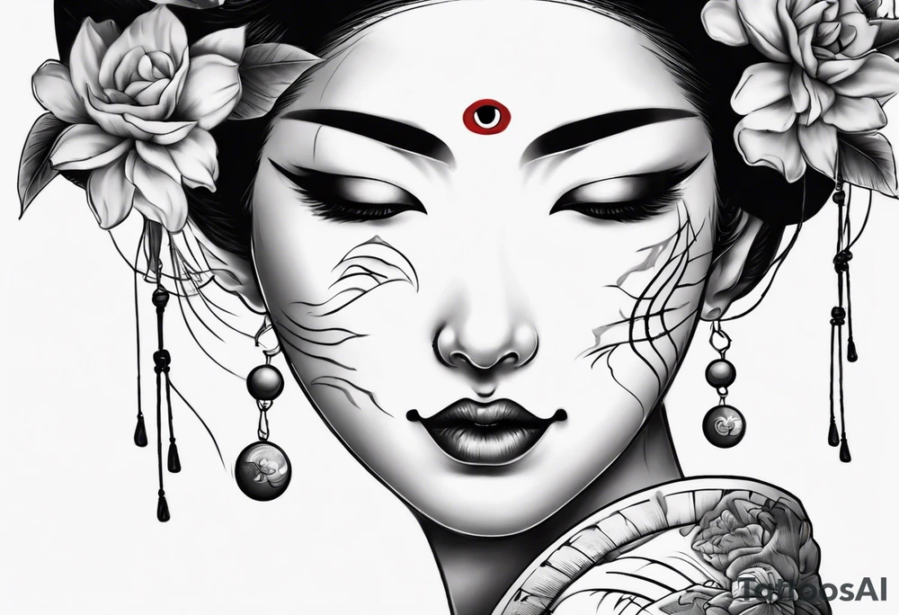 geisha face with two eyes closed and third realistic eye looking at you tattoo idea