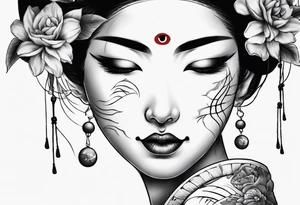 geisha face with two eyes closed and third realistic eye looking at you tattoo idea