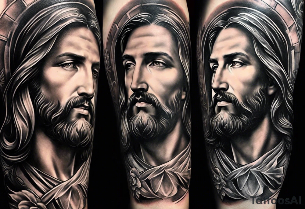 Catholic tattoo sleeve for a man. tattoo idea with Jesus on upper arm looking down tattoo idea