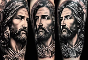Catholic tattoo sleeve for a man. tattoo idea with Jesus on upper arm looking down tattoo idea