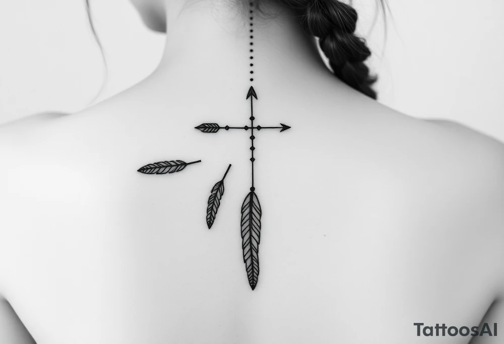 Thin spinal tattoo following down the spine in a native style with multiple different lengths flowing lines made of a discreet connection of morse code ".--- .- --.     .-.. ... -.- .- .-.   -.. .. --.     .-.. .. .-.. .-.. . -... .-. --- .-. forming an arrow connected to flowing feathers hanging from the morse code lines tattoo idea