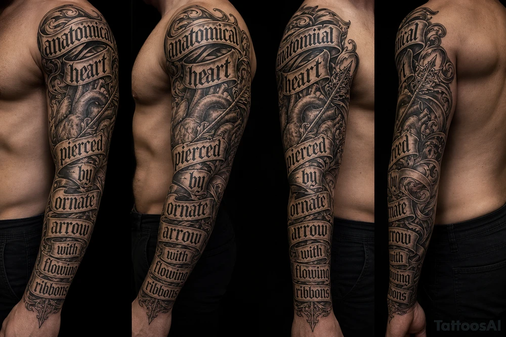 anatomical heart pierced by ornate arrow with flowing ribbons tattoo idea