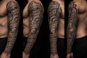anatomical heart pierced by ornate arrow with flowing ribbons tattoo idea