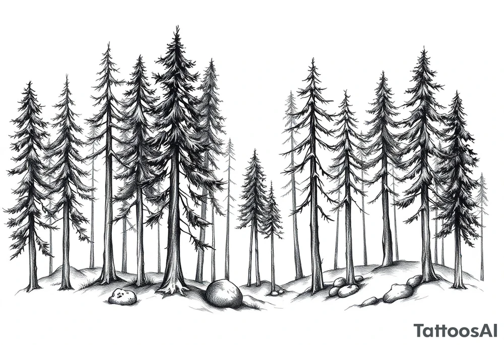 Needle forest with black and gray trees tattoo idea