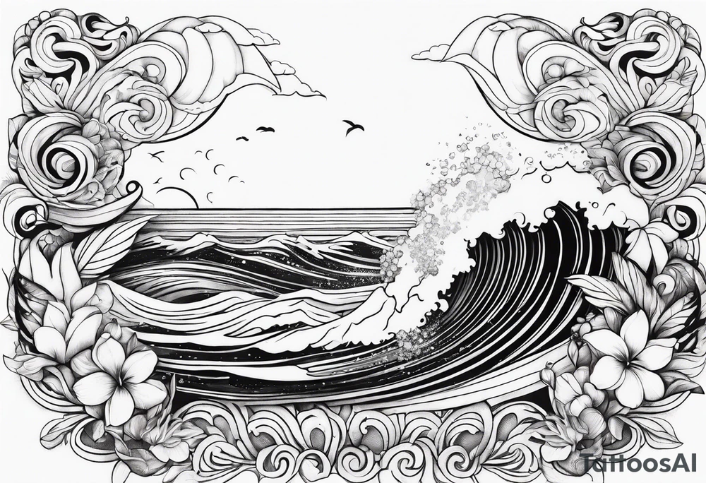 wave,, flower, palm, sea animal tattoo idea