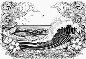 wave,, flower, palm, sea animal tattoo idea