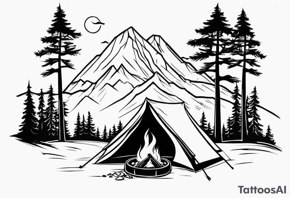 Campground with a small tent and small fire pit with smoke going into the sky. Forest of trees surrounding it with 3 large pine trees being the focus in the background. tattoo idea