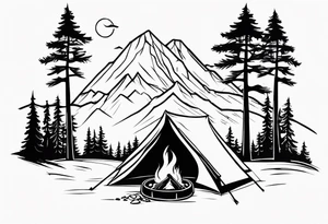 Campground with a small tent and small fire pit with smoke going into the sky. Forest of trees surrounding it with 3 large pine trees being the focus in the background. tattoo idea