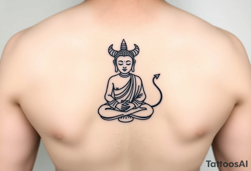 "Minimalist black tattoo of Buddha with small horns and a tail sitting in lotus pose. Clean line art, no shading.  

Key details:  
- Horns: Curved like a ram’s (2-3 cm)  
- Tail: Thin and pointed, curling slightly (like a devil’s tail)  
- Face: Serene, eyes closed, slight smile  
- Style: Bold outlines, dotwork for texture  

Placement: Forearm, 8-10 cm tall." tattoo idea