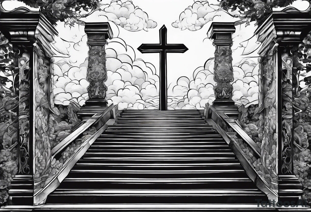 three crosses at the foot of stairs leading to heavens gates tattoo idea