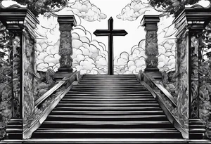 three crosses at the foot of stairs leading to heavens gates tattoo idea