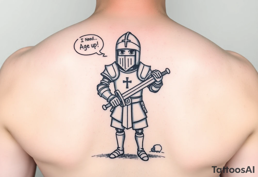 "Blackwork or sketch-style tattoo of a funny medieval knight inspired by Age of Empires IV, standing proudly with a wooden sword and wearing a slightly oversized helmet. The knight looks confused or silly. Add a speech bubble saying 'I need more food!' or 'Age up!' Include small game-inspired icons like a sheep, gold pile, or a Town Center in the background. Humorous tone, drawn in hand-sketched or rough ink style. Designed for shoulder placement." tattoo idea