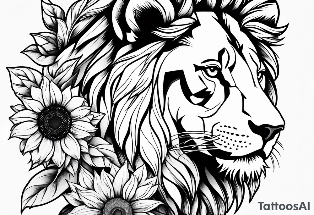 Half female lion half sunflower tattoo idea