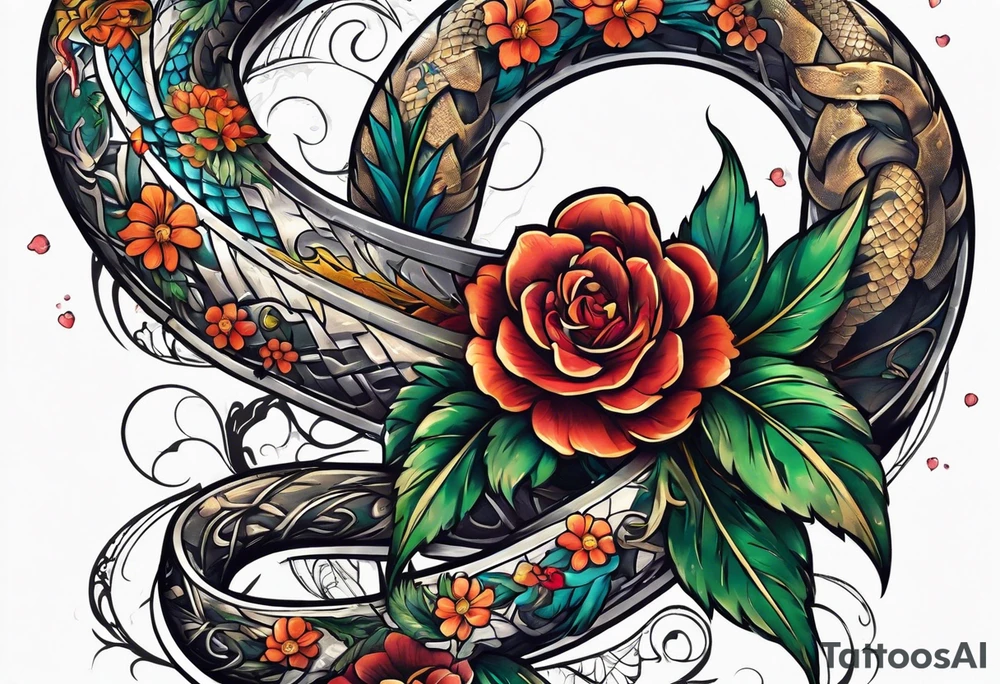 Sword with snake and flowers wrapped around it tattoo idea