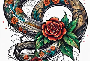 Sword with snake and flowers wrapped around it tattoo idea