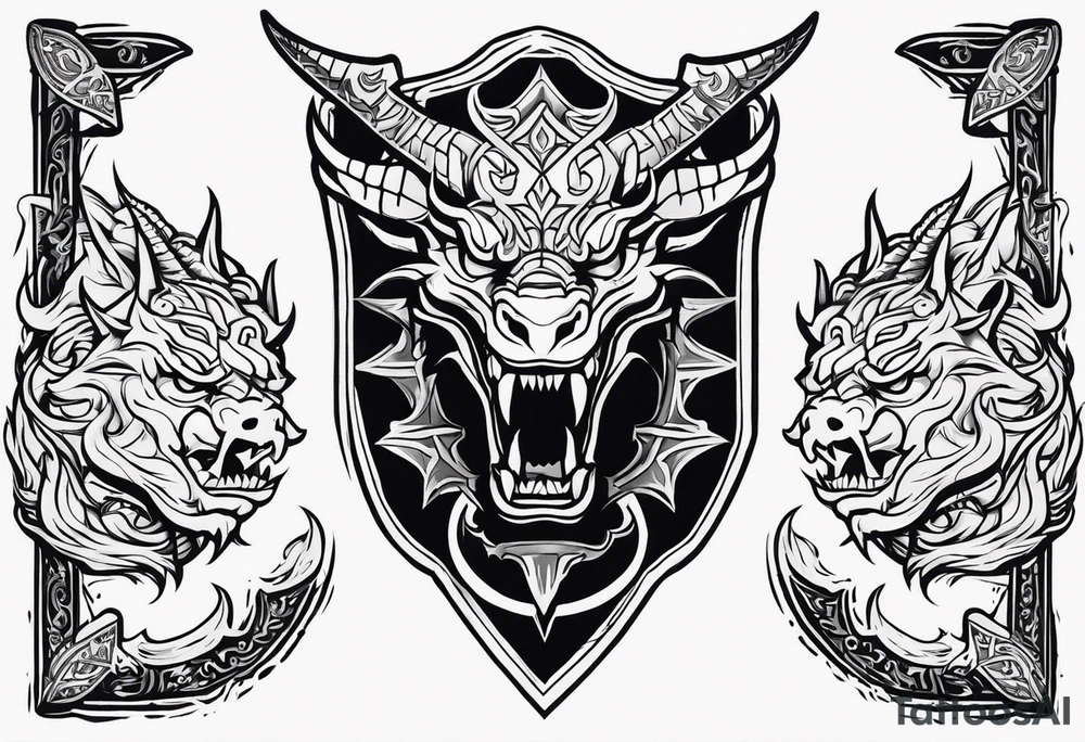 Valhalla sword shield dragon head axe tattoo idea