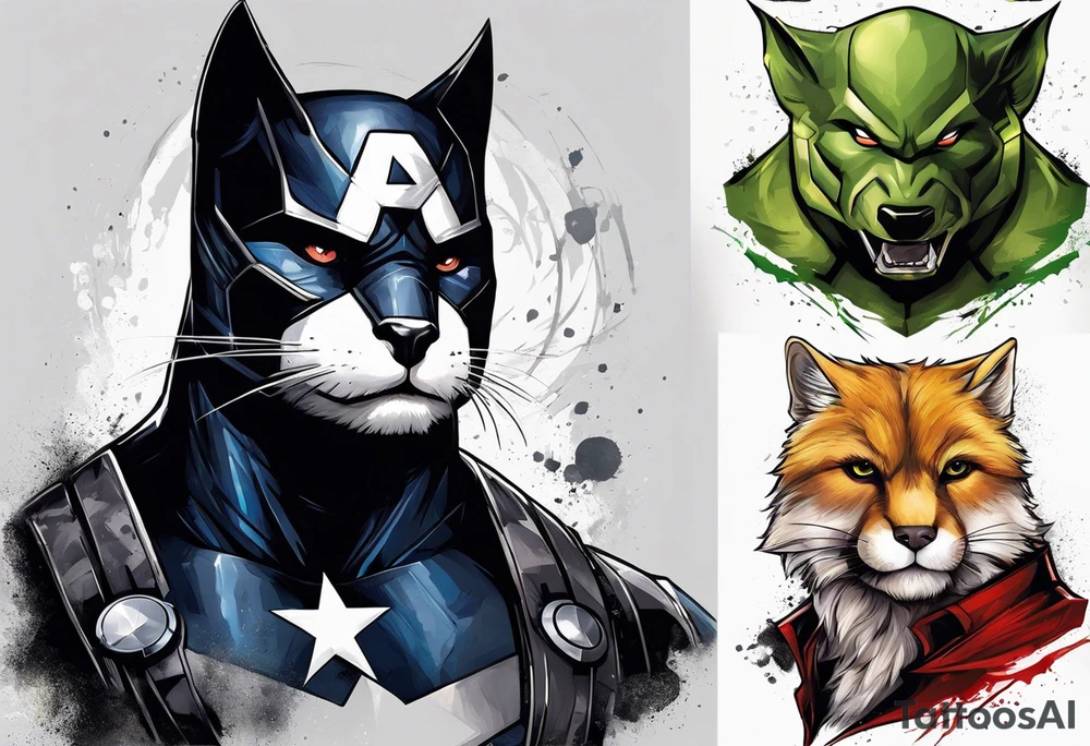 I want to change Avengers Team characters with animals. Hulk will be Badger, Thor will be Alpha Grey Wolf, Captain America will be Bull, Iron Man will be Canary, Black Widow will be Axolotl, Hawk Eye will be Sudan Plated Lizard and Nick Fury will be Cat. tattoo idea
