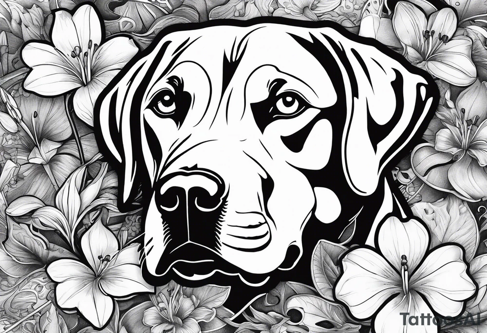 Lily flowers with Clover leaf card a cross and blue eyes of a Labrador retrevier tattoo idea