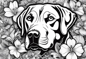 Lily flowers with Clover leaf card a cross and blue eyes of a Labrador retrevier tattoo idea