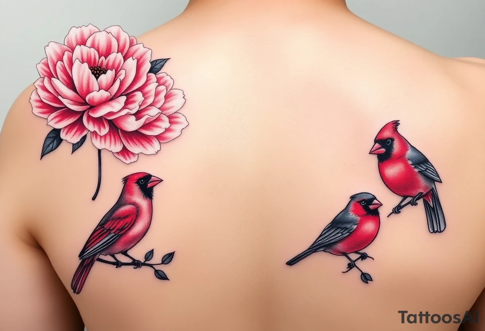 I like the top left cardinals and the bottom right cardinals. soft pink peony flowers with bold highlighting; and a feminine but boldly colored male and female cardinal birds tattoo idea