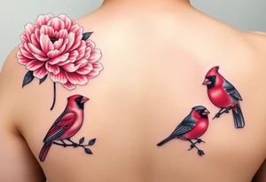 I like the top left cardinals and the bottom right cardinals. soft pink peony flowers with bold highlighting; and a feminine but boldly colored male and female cardinal birds tattoo idea