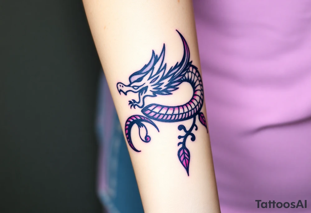 A bracelet wrapped around the arm dragon with purple and red tones, feathers and vines tattoo idea