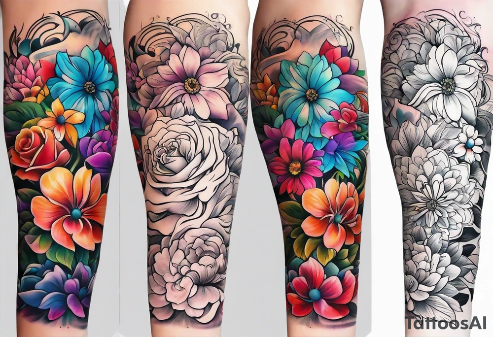 Arm sleeve dedicated to mom with rainbow flowers tattoo idea