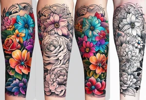 Arm sleeve dedicated to mom with rainbow flowers tattoo idea