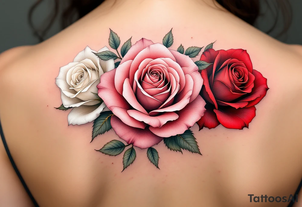 Three roses in different stages of bloom—white (beginning), pink (growth), and deep red (passion)—intertwined with golden vines. tattoo idea