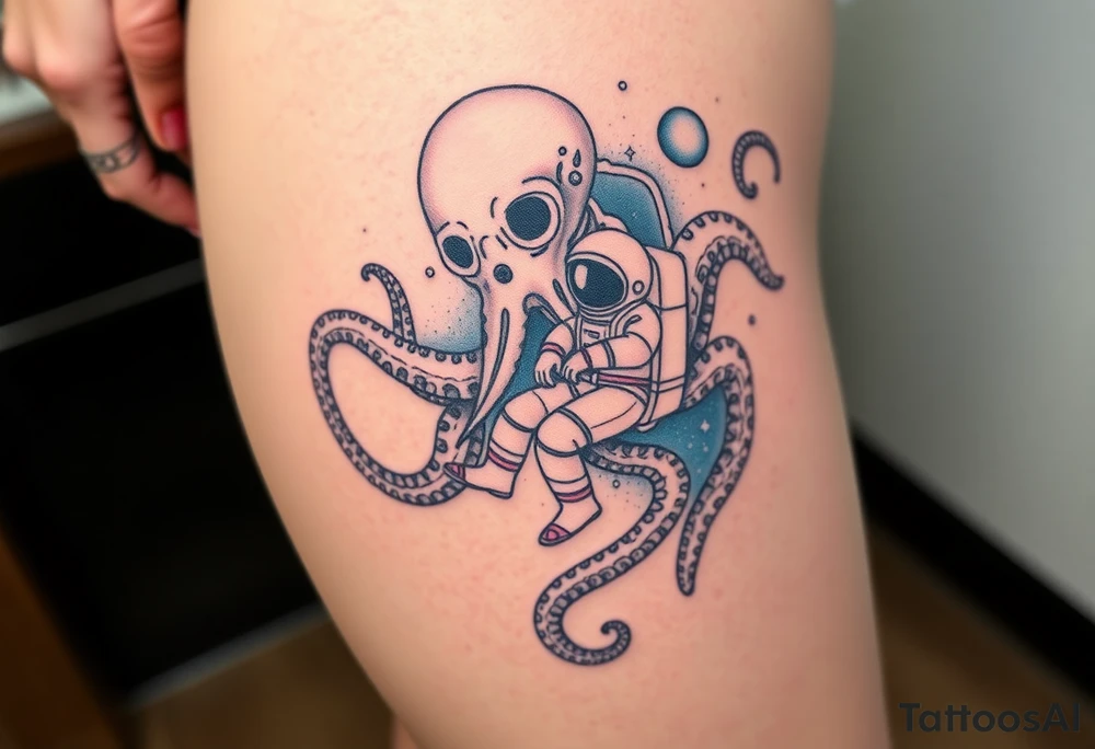 Deep sea kraken octopus, grabbing a astronaut with a space theme background tattoo idea