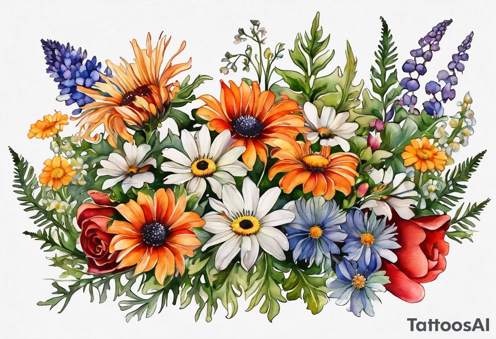 sideways oval of wildflowers cascading with thistles, ferns, white anemones, sun flowers, red flowers, black flowers, buttercups, orange flowers, babys breath and daisies all in watercolor tattoo idea