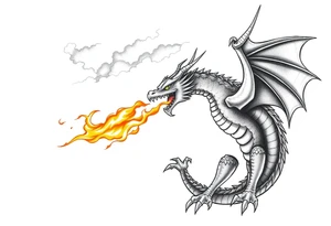 fierce dragon breathing iridescent fire against stormy skies tattoo idea
