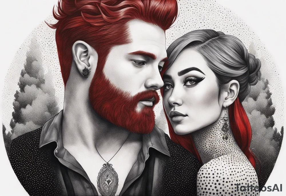 Busty red haired woman with a bearded man who has black hair tattoo idea