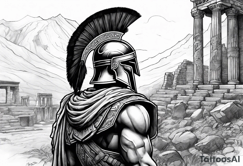 Side profile of spartan soilder with ancient ruins in background tattoo idea