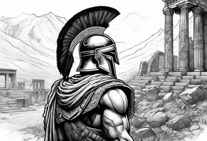 Side profile of spartan soilder with ancient ruins in background tattoo idea