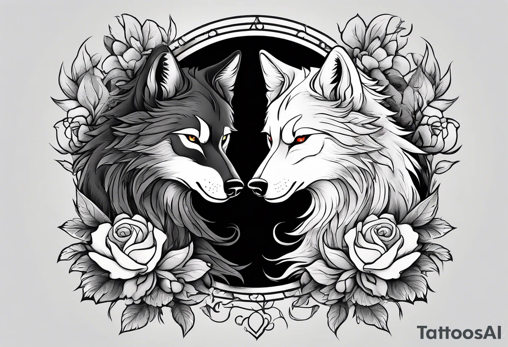 good wolf and bad wolf. Ying Yang style. Good wolf with flowers, autumn style. Bad wolf with fire and thorns. tattoo idea
