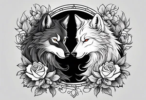 good wolf and bad wolf. Ying Yang style. Good wolf with flowers, autumn style. Bad wolf with fire and thorns. tattoo idea