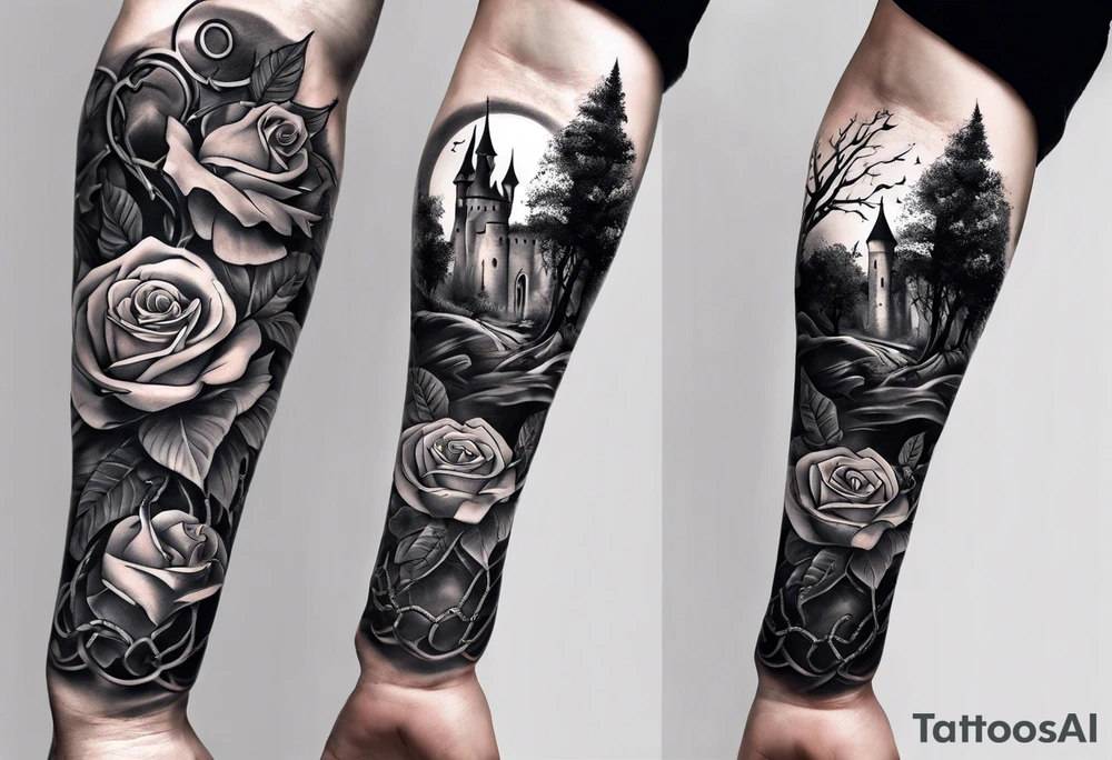 tattoo fool sleeve, old broken gothic castle, tree roots break out of the chains, roses tattoo idea