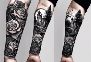 tattoo fool sleeve, old broken gothic castle, tree roots break out of the chains, roses tattoo idea