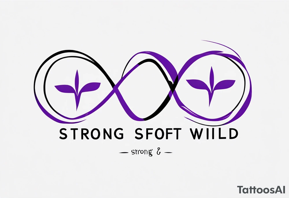 text “Strong. Soft. Wild.”, within infinity symbol, something to symbolize 4 kids, purple tattoo idea