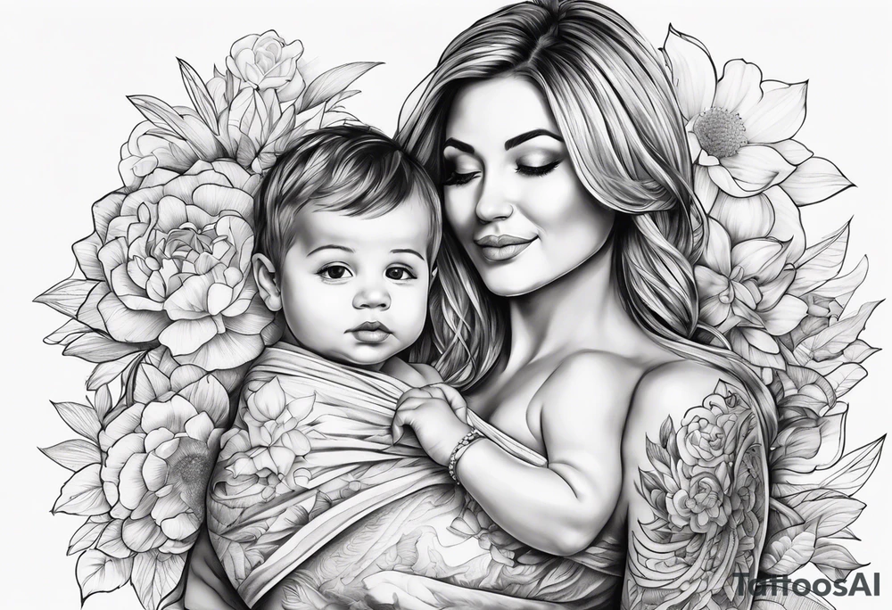 chest tattoo : 
mom and baby son tattoo idea